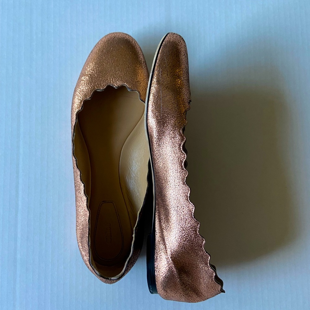 Chloe Lauren Scalloped Bronze Rose Gold Leather Flats 38.5